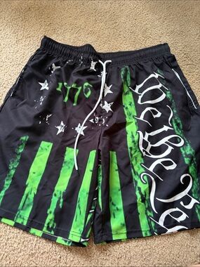 Affliction Black and Neon Green Graphic Athletic Shorts